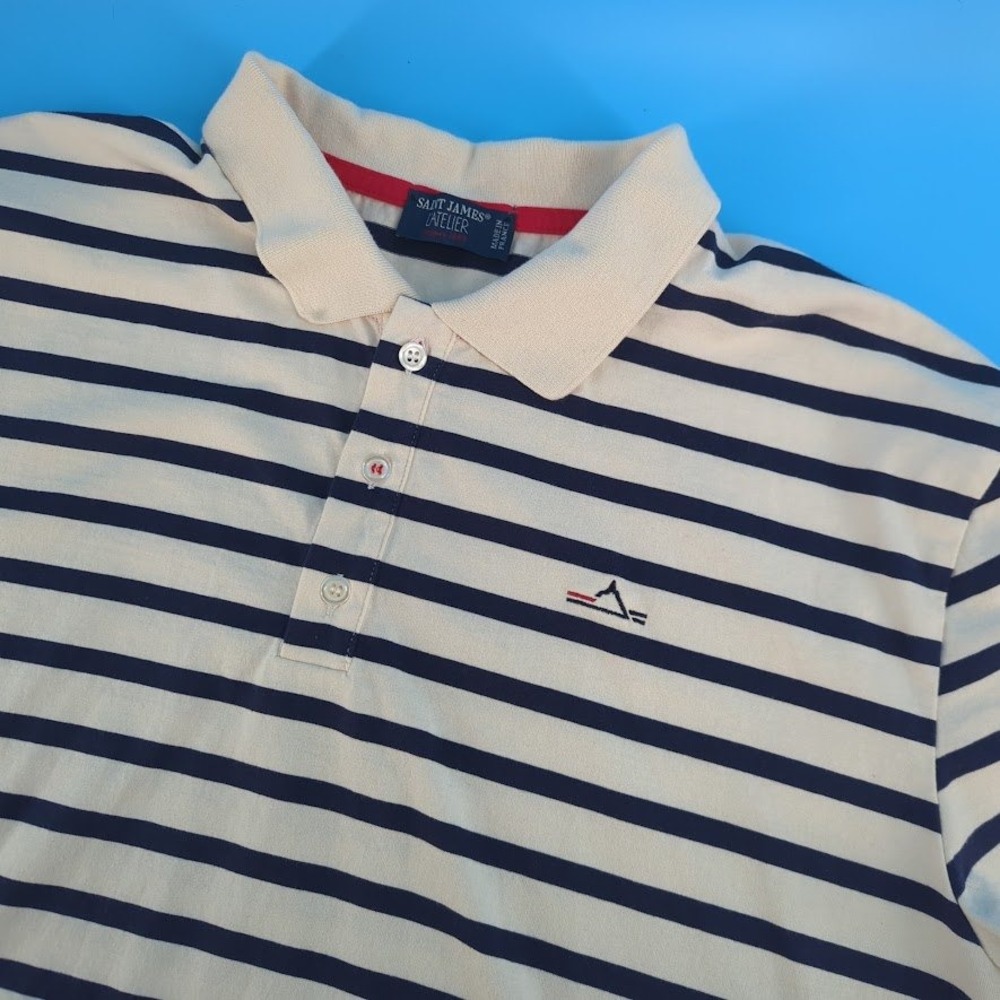 Saint James L'Atelier Polo Shirt Mens 2XL XXL Navy Cream Striped France Nautical